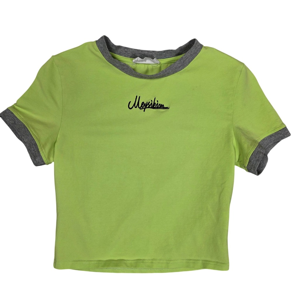 Meysikim Crew Neck Cropped Mini T Shirt Neon Lime Green Women Size L GOOD Cyber
